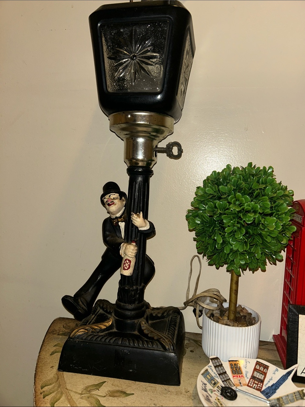 Vintage Black Table Lantern Lamp with Figurine